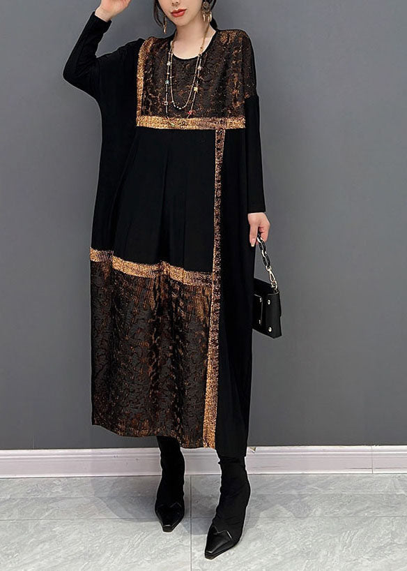 Classy Black O-neck Oversized Patchwork Cotton Long Dress Spring