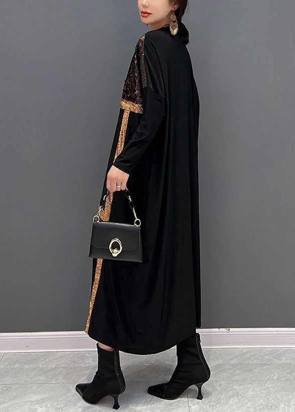 Classy Black O-neck Oversized Patchwork Cotton Long Dress Spring