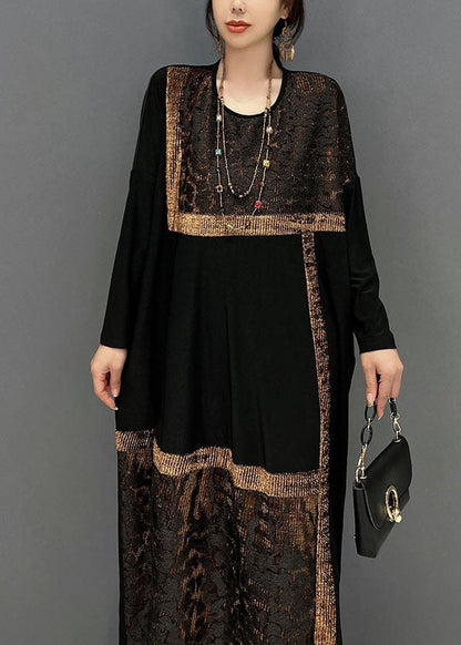 Classy Black O-neck Oversized Patchwork Cotton Long Dress Spring