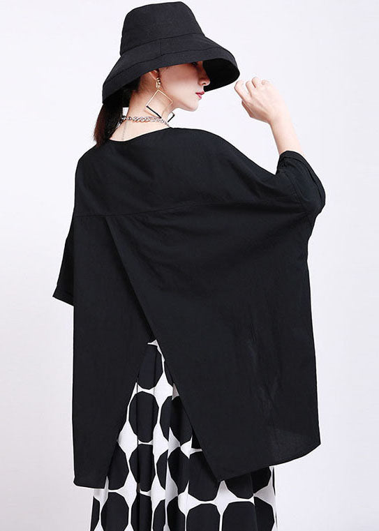 Classy Black O-neck Oversized Side Open Cotton Blouses Batwing Sleeve