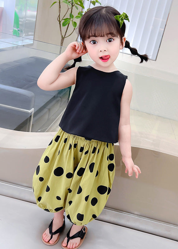 Classy Black O-neck Print Top and Crop Pants Two Piece Set Summer
