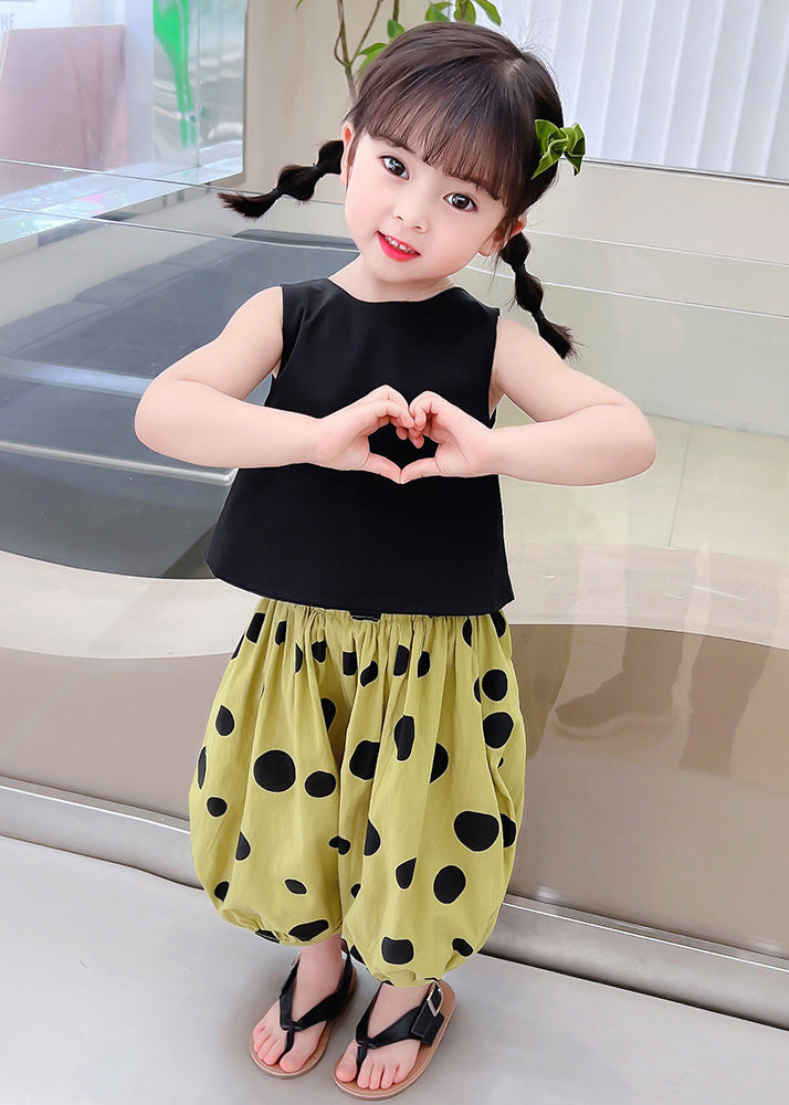 Classy Black O-neck Print Top and Crop Pants Two Piece Set Summer