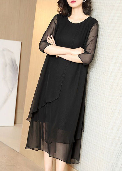 Classy Black O-neck Tulle Patchwork Chiffon Maxi Dress Summer