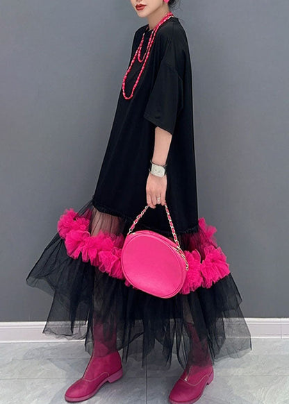 Classy Black O-neck Tulle Patchwork Long T Shirts Dress Half Sleeve