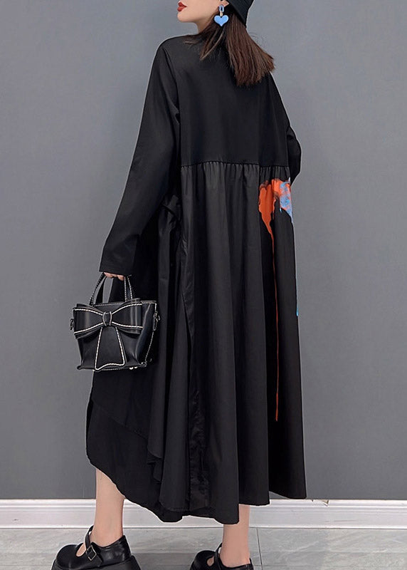 Classy Black O-neck Wrinkled Print Asymmetrical Patchwork Long Dresses Long Sleeve