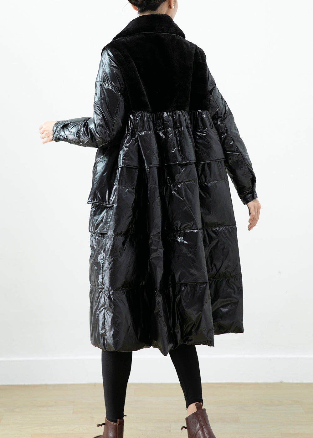 Classy Black Oversized Patchwork Mink Velvet Cotton Blend Down Jacket Winter