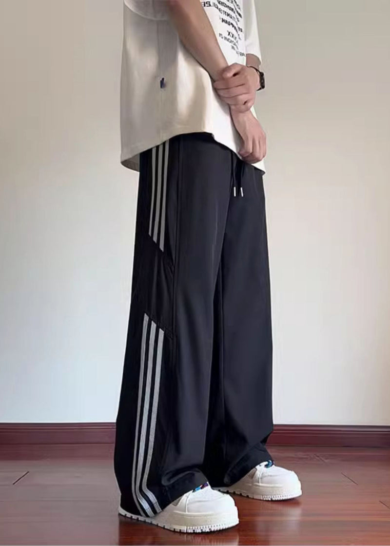 Classy Black Oversized Striped Cotton Pants Spring