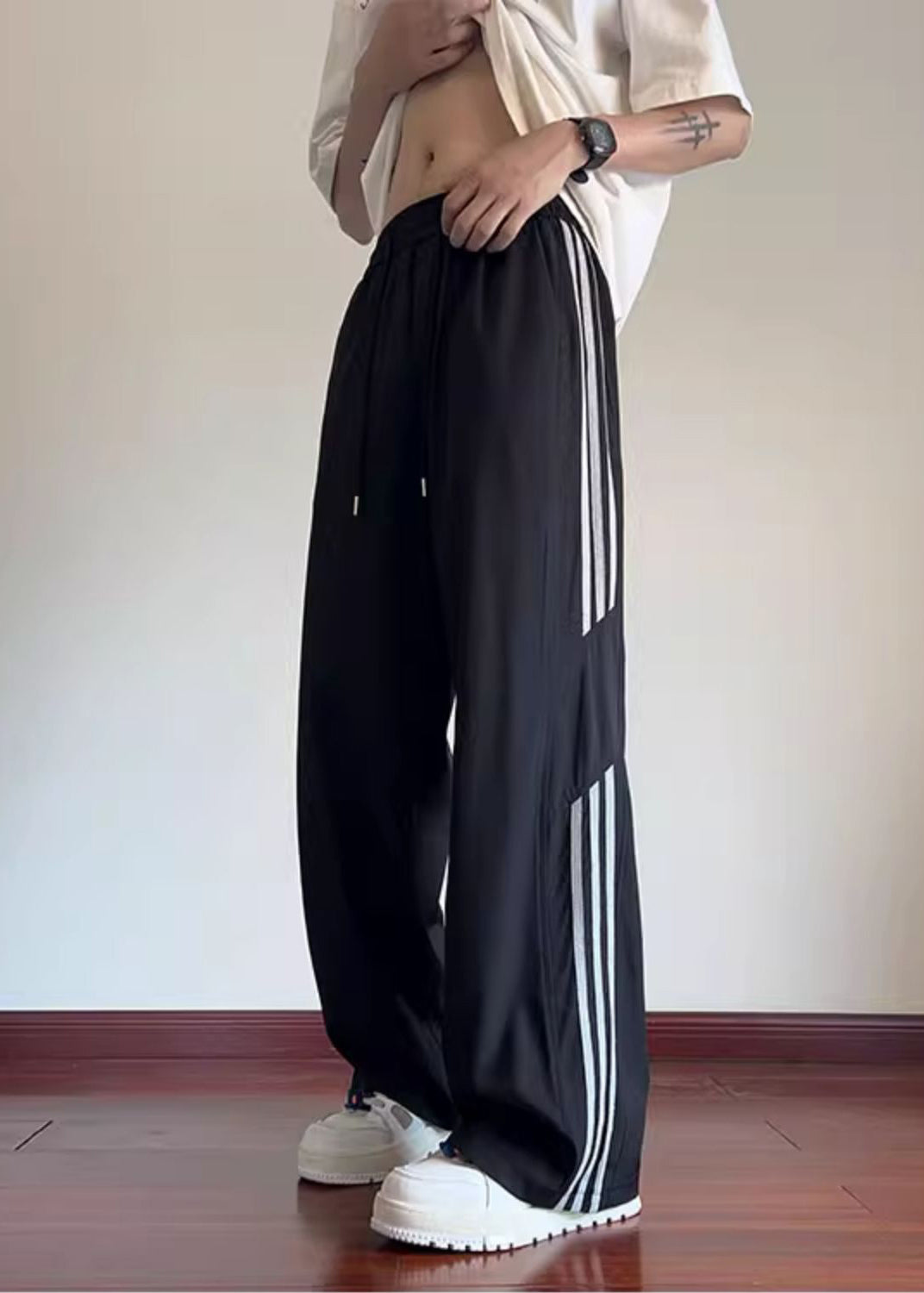 Classy Black Oversized Striped Cotton Pants Spring