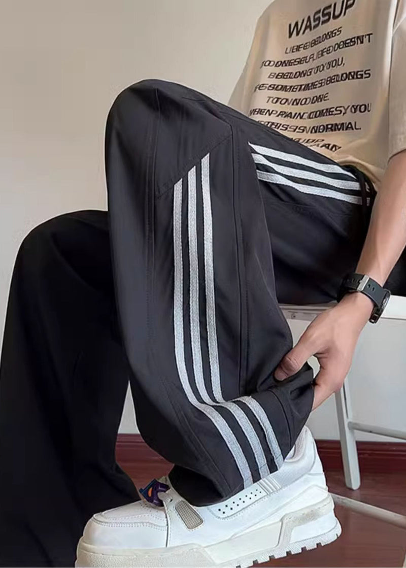 Classy Black Oversized Striped Cotton Pants Spring