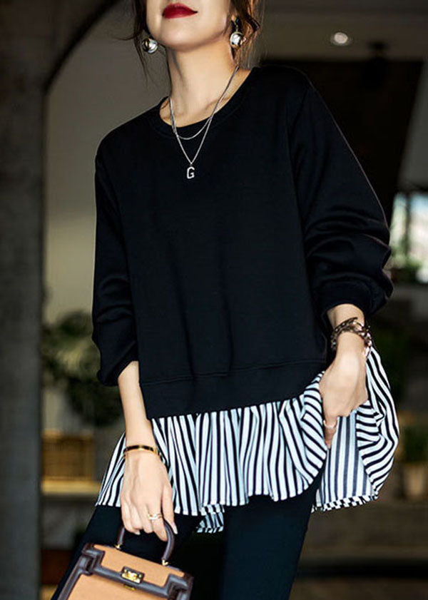 Classy Black Oversized Striped Patchwork Cotton Sweatshirt Fall