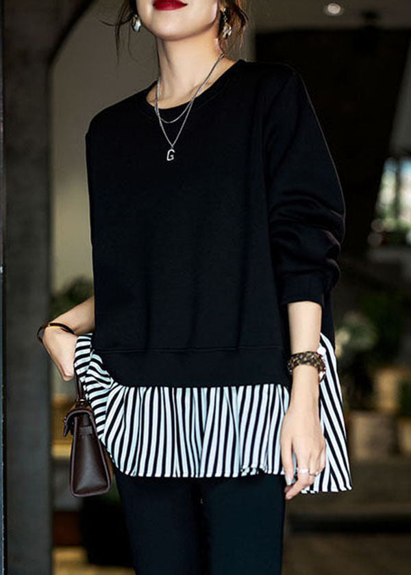 Classy Black Oversized Striped Patchwork Cotton Sweatshirt Fall