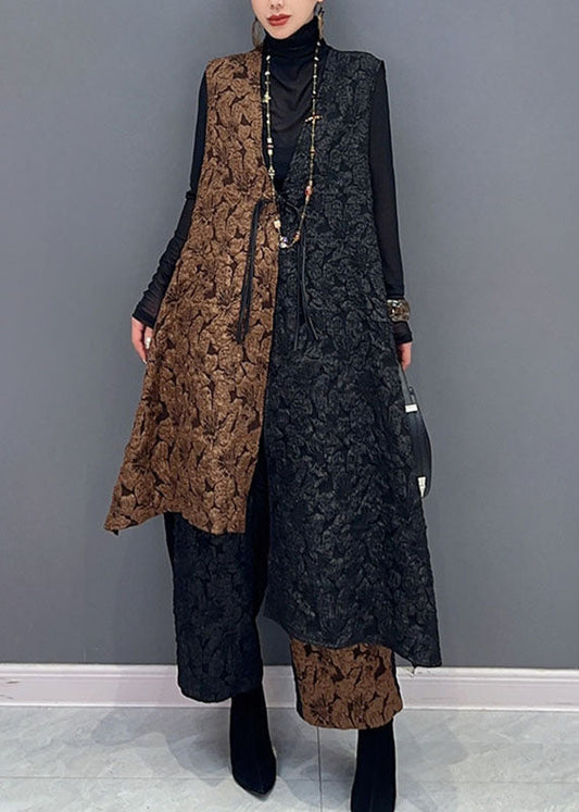 Classy Black Patchwork Brown V Neck Waistcoat and Wide Leg Pants Two Pieces Set Fall