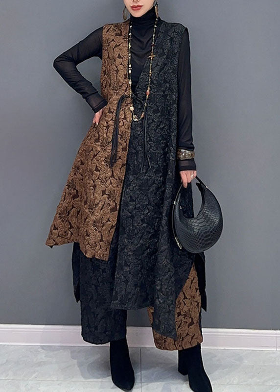 Classy Black Patchwork Brown V Neck Waistcoat and Wide Leg Pants Two Pieces Set Fall