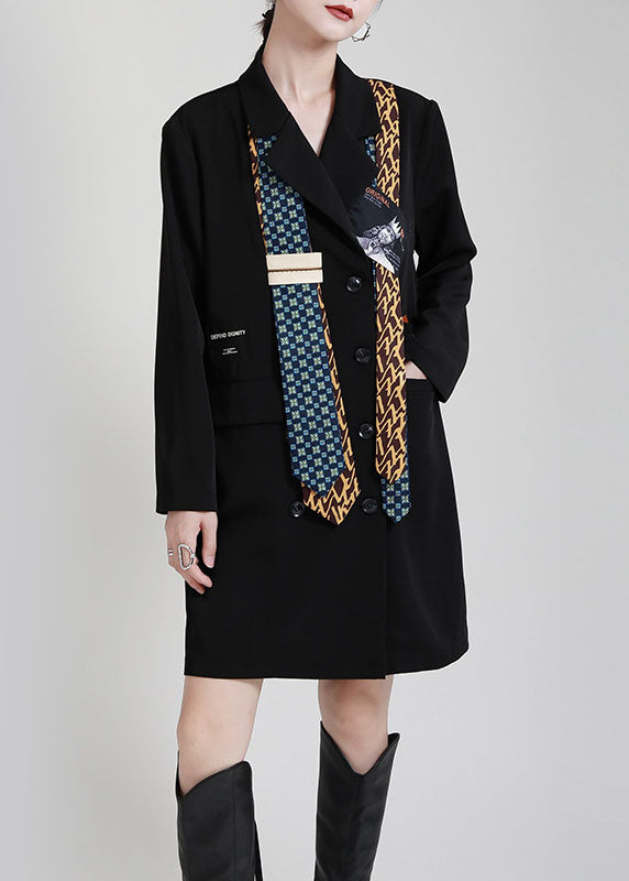 Classy Black Peter Pan Collar Button Asymmetrical Design Pockets Fall Maxi Dresses Long Sleeve
