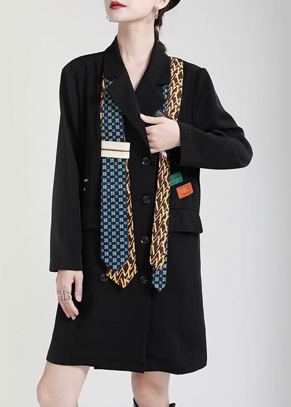 Classy Black Peter Pan Collar Button Asymmetrical Design Pockets Fall Maxi Dresses Long Sleeve