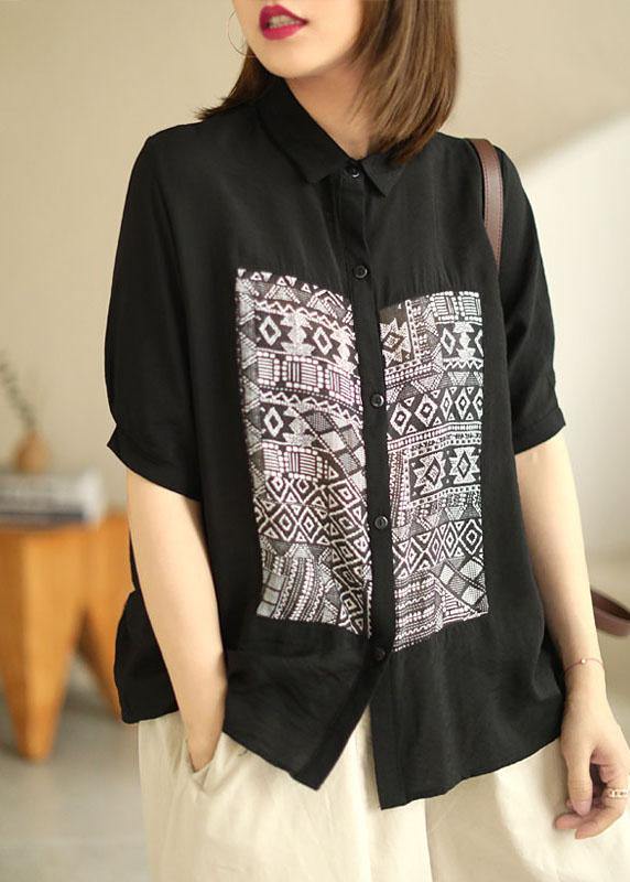 Classy Black Peterpan Collar Button Patchwork Fall Half Sleeve Shirt Top