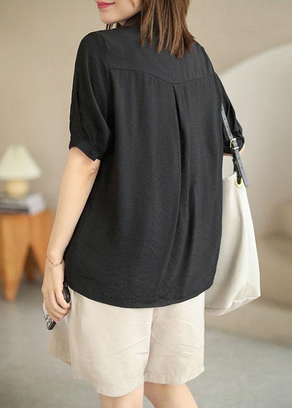 Classy Black Peterpan Collar Button Patchwork Fall Half Sleeve Shirt Top