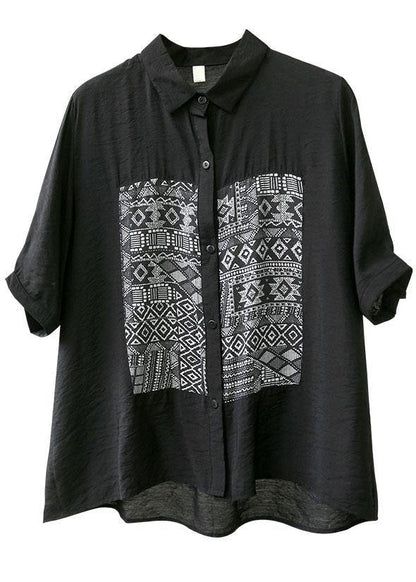 Classy Black Peterpan Collar Button Patchwork Fall Half Sleeve Shirt Top