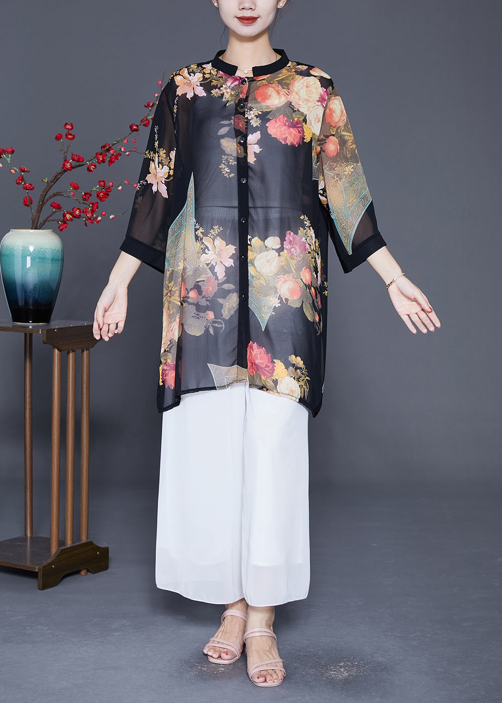 Classy Black Print Chiffon Upf 50+ Long Shirt Bracelet Sleeve