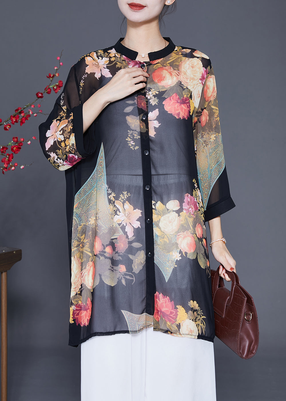 Classy Black Print Chiffon Upf 50+ Long Shirt Bracelet Sleeve
