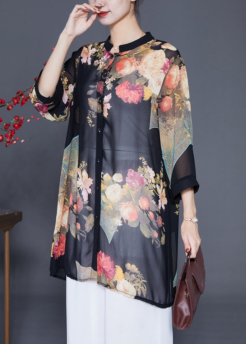 Classy Black Print Chiffon Upf 50+ Long Shirt Bracelet Sleeve