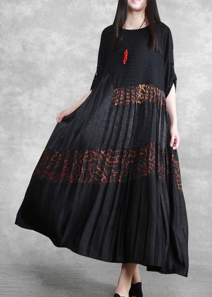 Luxy Silk Maxi Dresses Black Pleated Low High Patchwork Dress