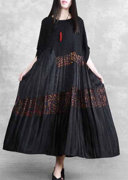 Luxy Silk Maxi Dresses Black Pleated Low High Patchwork Dress