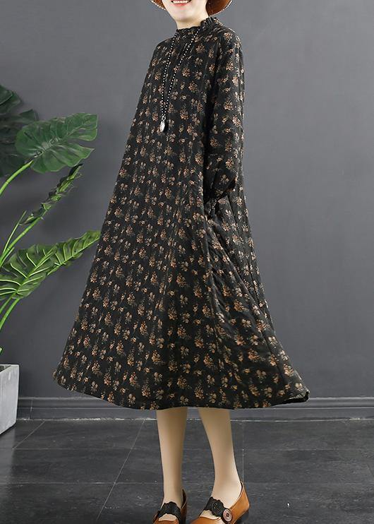 Classy Black Print Stand Collar Robes Dresses