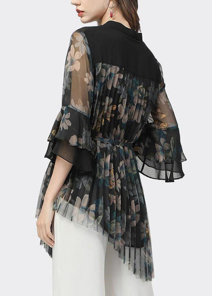 Classy Black Print Wrinkled Tie Waist Chiffon Blouse Flare Sleeve