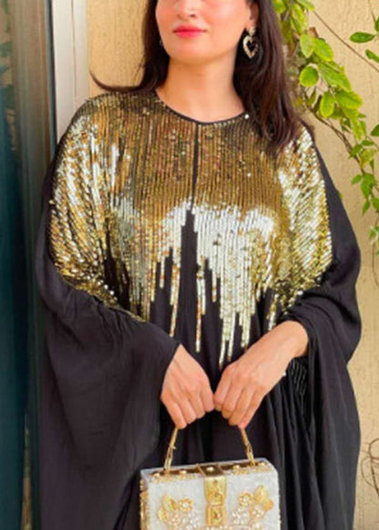Classy Black Sequins Patchwork Cotton Maxi Dress Batwing Sleeve