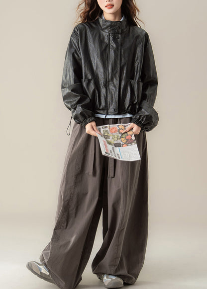 Classy Black Stand Collar Drawstring Faux Leather Coat Spring