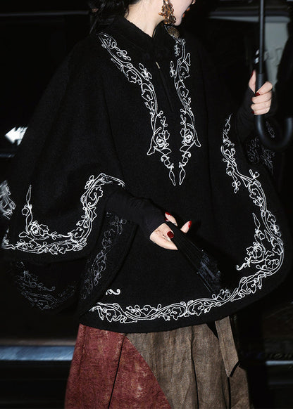 Classy Black Stand Collar Embroidered Woolen Cloak Spring
