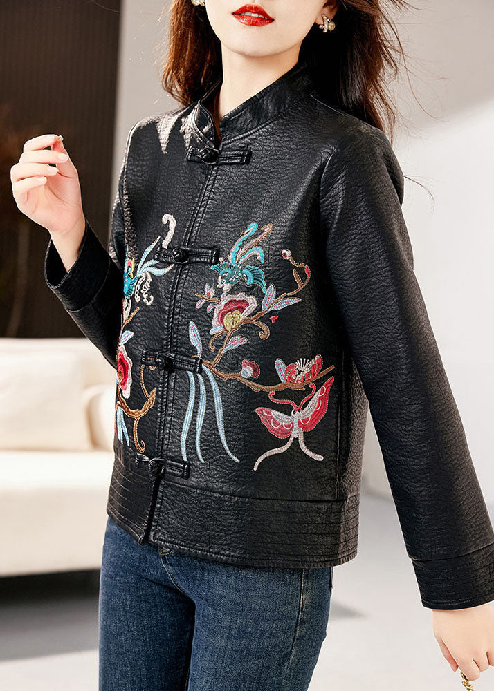 Classy Black Stand Collar Embroidered Faux Leather Coats Long Sleeve