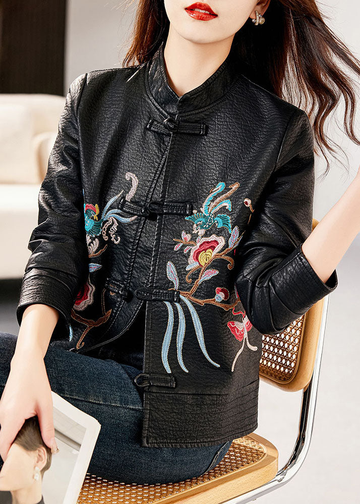 Classy Black Stand Collar Embroidered Faux Leather Coats Long Sleeve