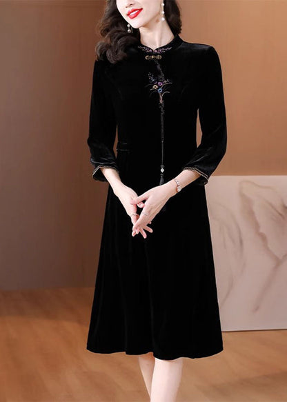 Classy Black Stand Collar Embroidered Silk Velour Maxi Dress Fall