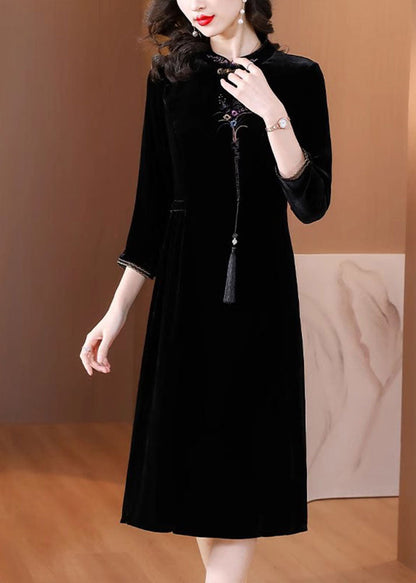 Classy Black Stand Collar Embroidered Silk Velour Maxi Dress Fall