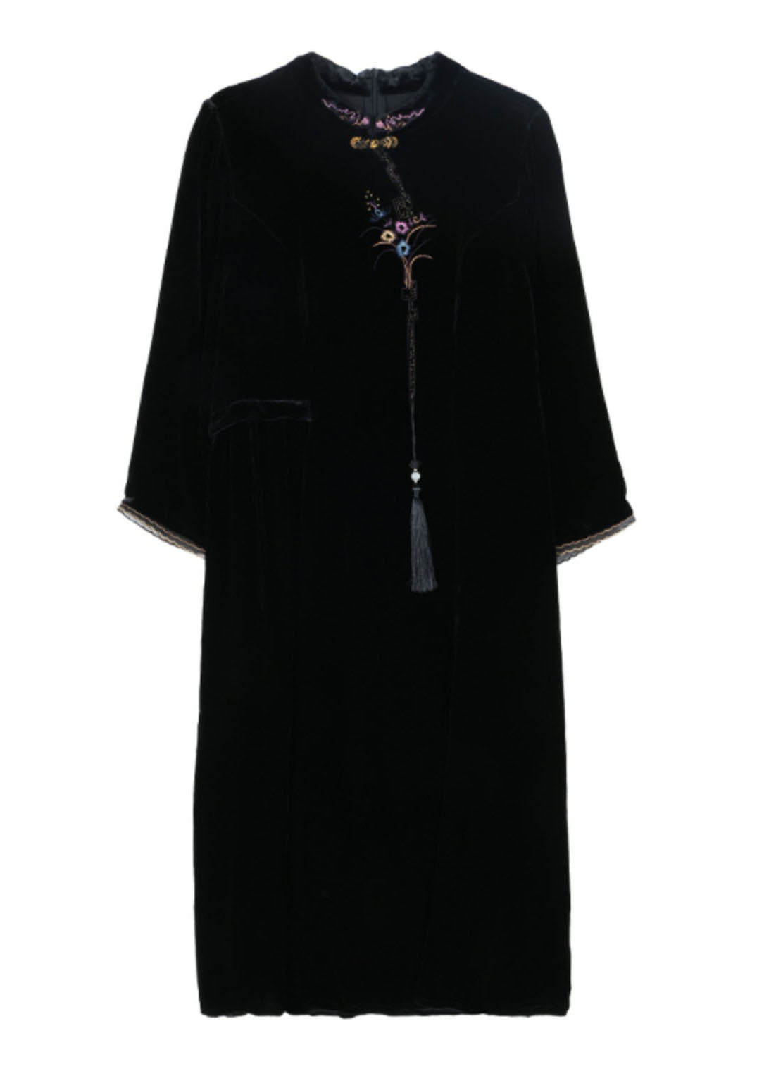 Classy Black Stand Collar Embroidered Silk Velour Maxi Dress Fall