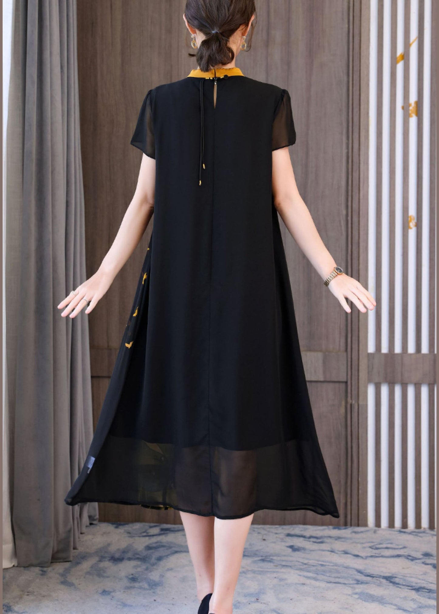 Classy Black Stand Collar Print Chiffon Holiday Dresses Short Sleeve