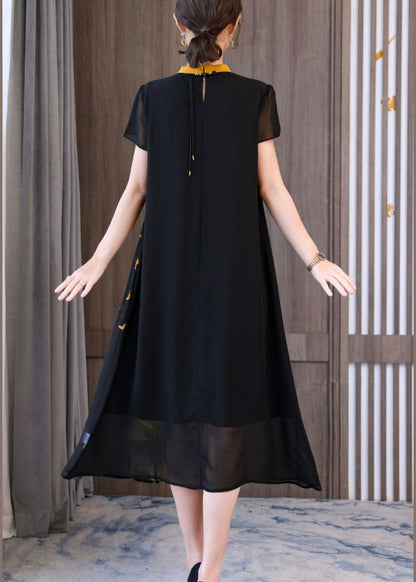 Classy Black Stand Collar Print Chiffon Holiday Dresses Short Sleeve