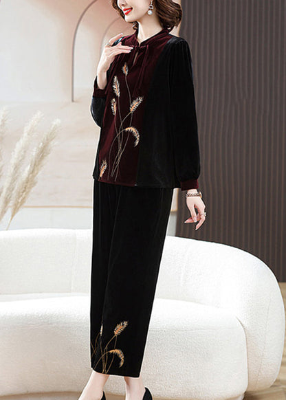 Classy Black Stand Collar Print Top and Crop Pants Silk Velour Two Piece Set Fall