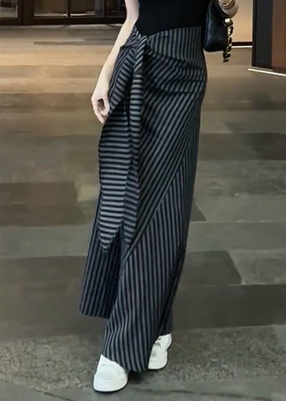 Classy Black Striped High Waist Lace Up Chiffon Skirts Fall