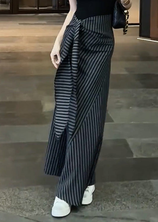 Classy Black Striped High Waist Lace Up Chiffon Skirts Fall