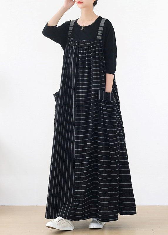 Classy Black Striped Pockets Carpenter Fall Linen Dress