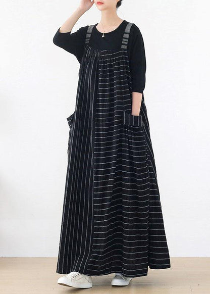 Classy Black Striped Pockets Carpenter Fall Linen Dress