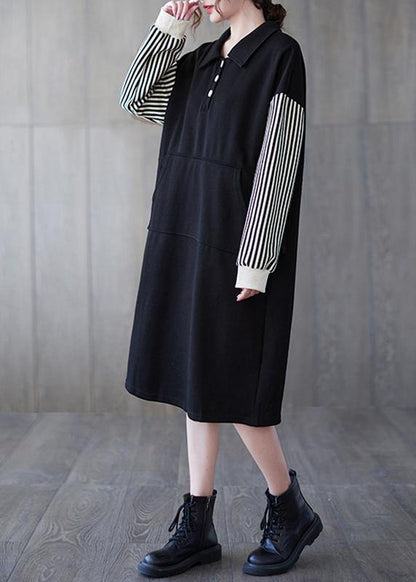 Classy Black Striped Tunic Lapel Patchwork Midi Dress