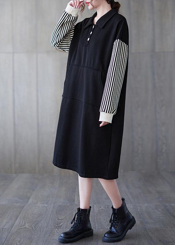 Classy Black Striped Tunic Lapel Patchwork Midi Dress