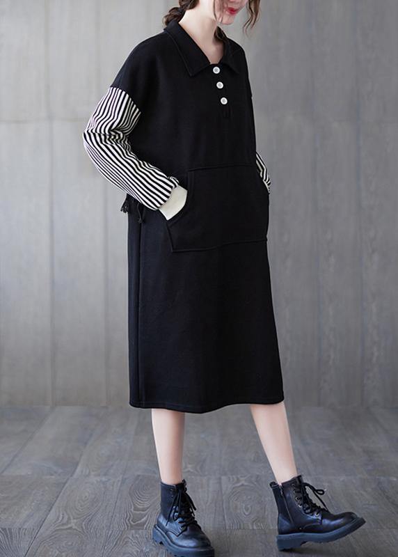 Classy Black Striped Tunic Lapel Patchwork Midi Dress