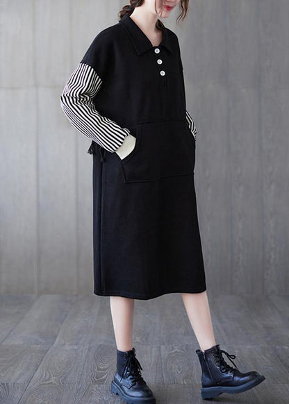 Classy Black Striped Tunic Lapel Patchwork Midi Dress