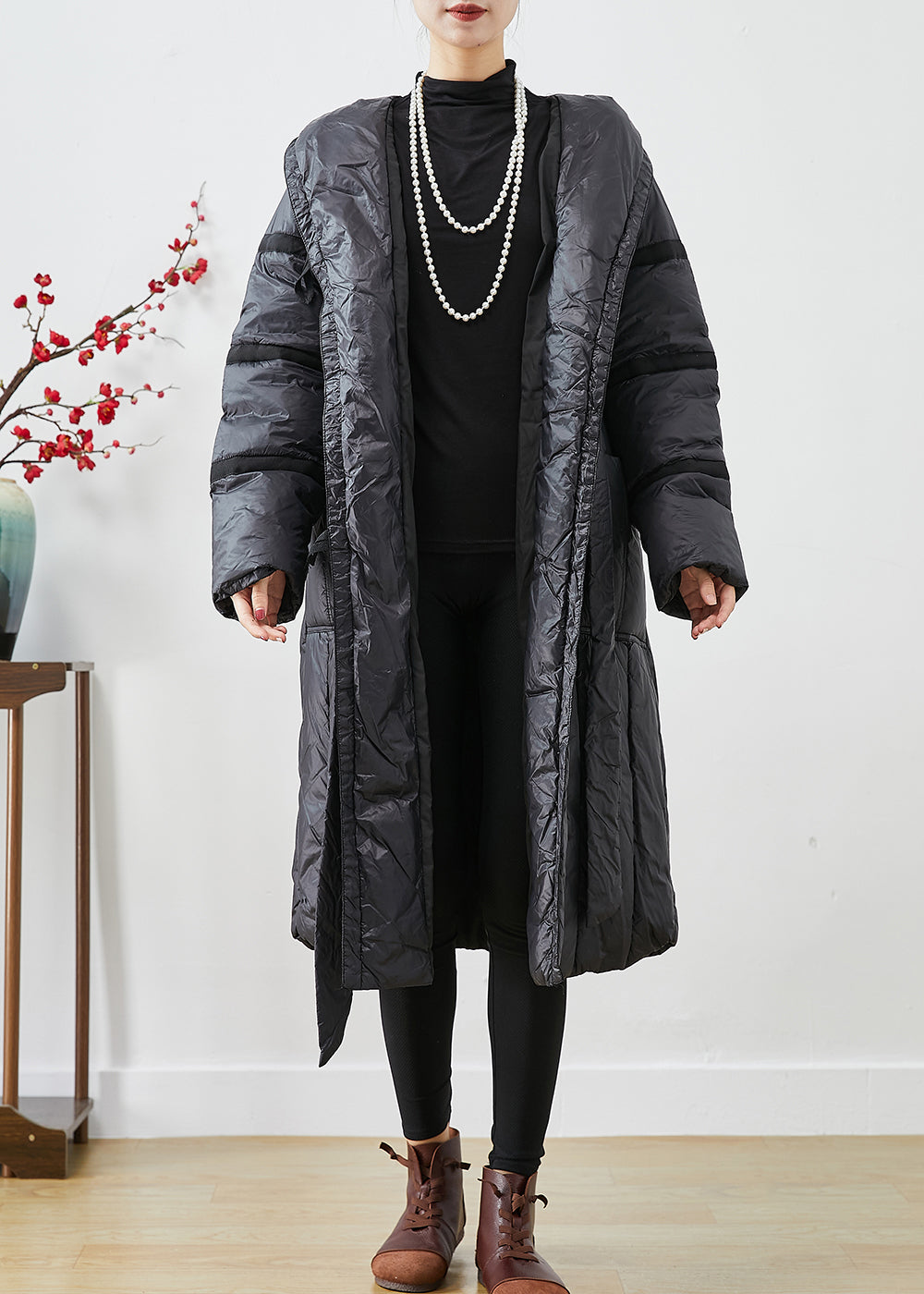 Classy Black Tie Waist Oversized Warm Duck Down Jacket in Winter