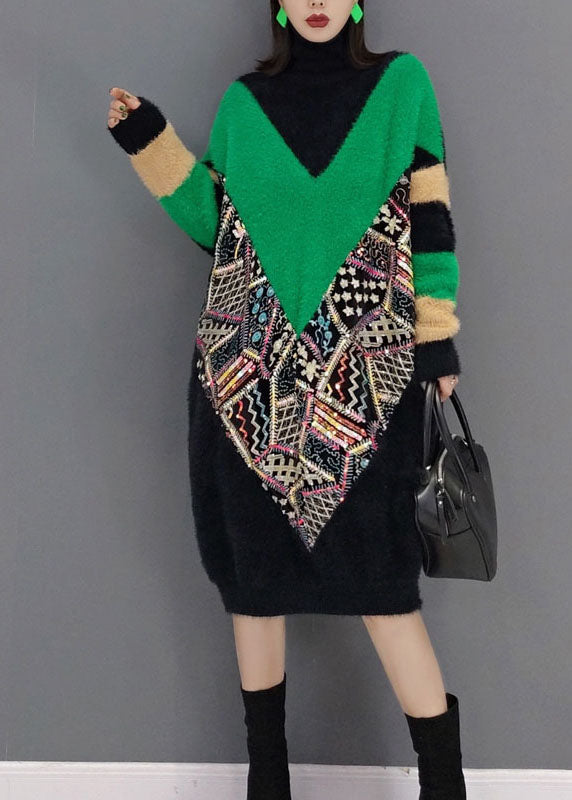 Classy Black Turtle Neck Print Thick Mink Velvet Dresses Spring